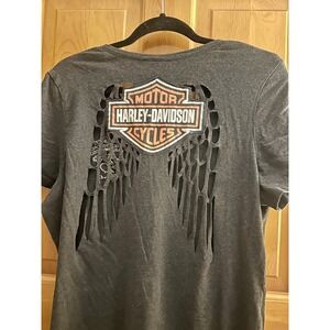 Harley-Davidson Shirt Womens Large Black WINGS Cutout Wings Graphic Tee USA‎ Y2K